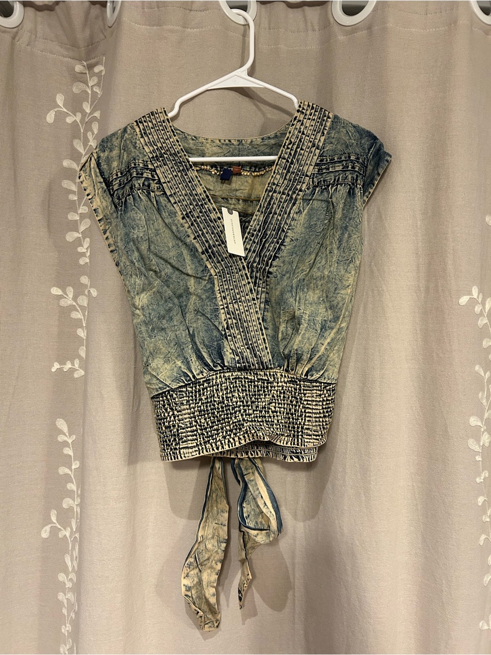 Pilcro Washed Blue Tie-Back V-Neck Short Sleeve Top